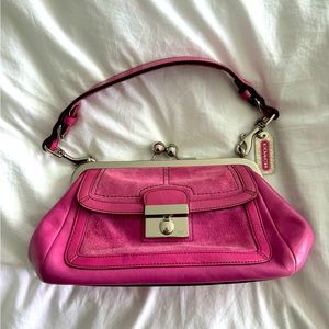 Vintage Coach hot pink kisslock mini suede and leather bag